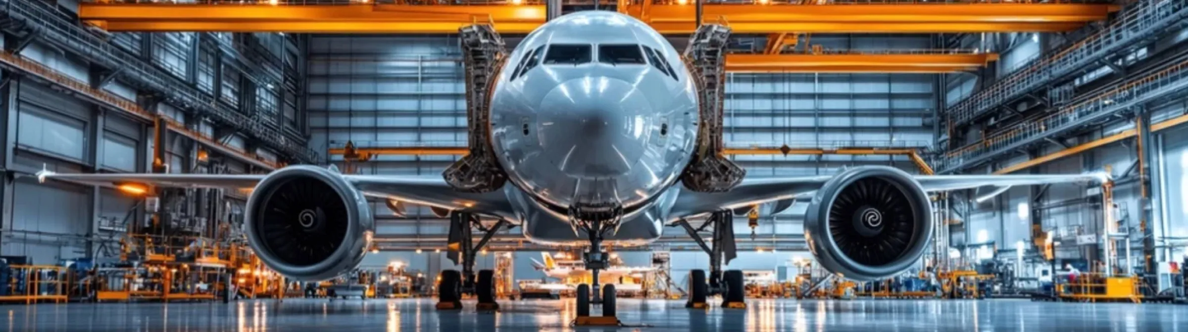 Wide-body aircraft under maintenance in a lit hangar