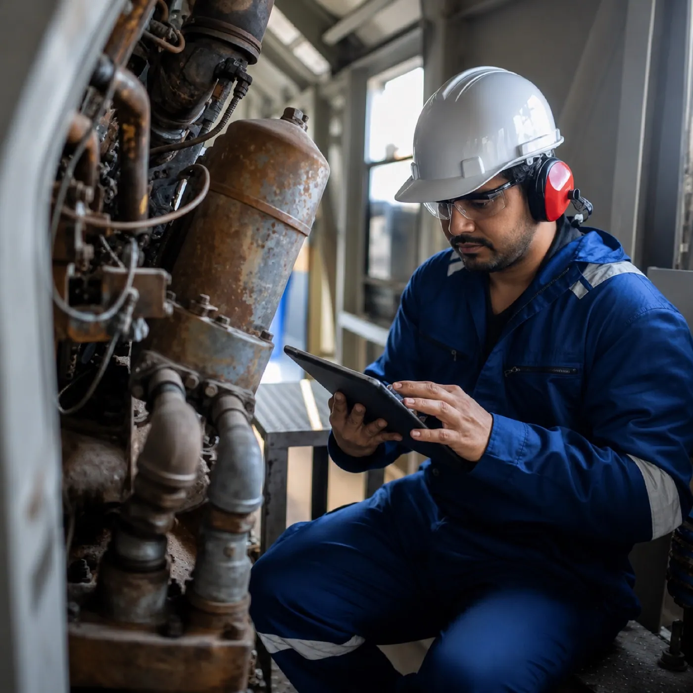Technician inspecting an engine assembly with a tablet